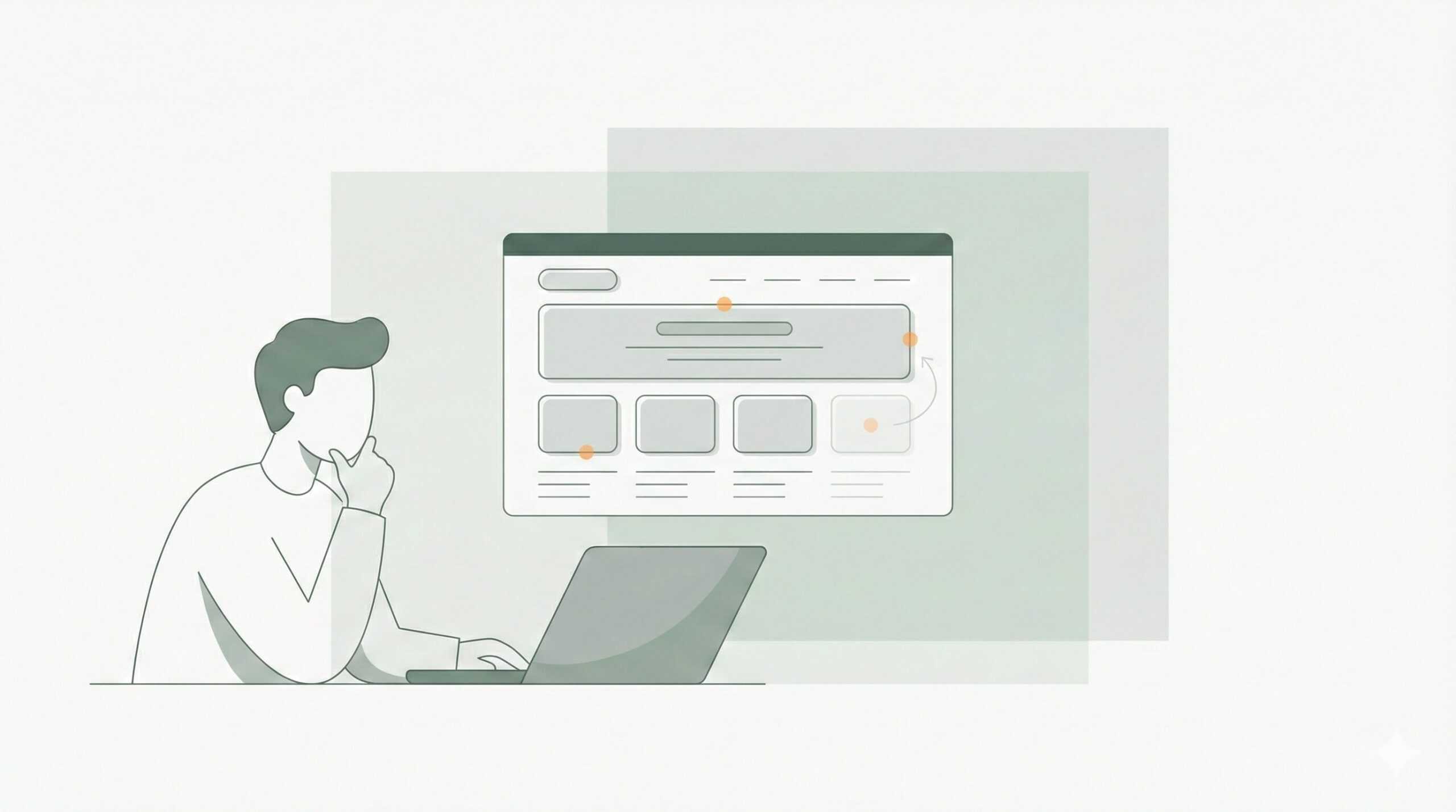 WordPressで作ったホームページを前に、どこを修正・改善すればよいか考えている個人事業主のイメージ。作り直す前にサイトを整える相談ができることを表しています。