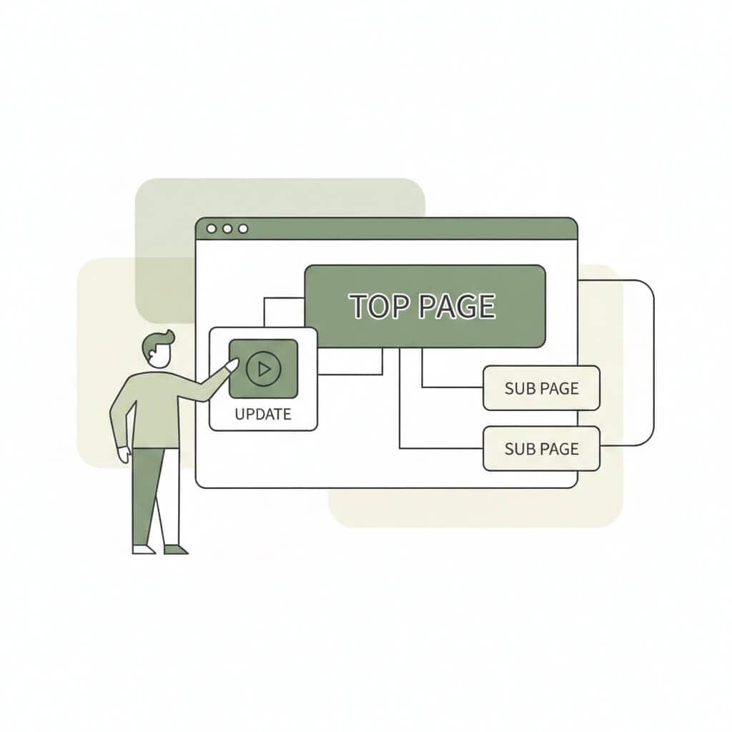 WordPressを使ったホームページ構成と更新のイメージ図。トップページと下層ページの関係や、更新できる仕組みを表しています。